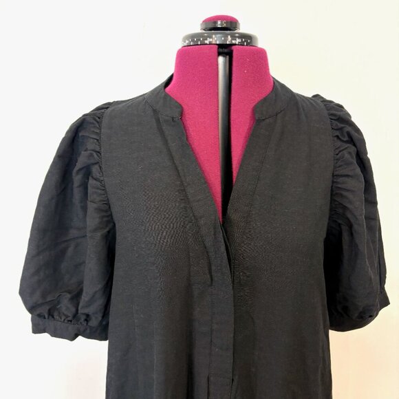 Ann Taylor Black Linen Midi Dress Puff Sleeves V Neck Medium M - Picture 4 of 13